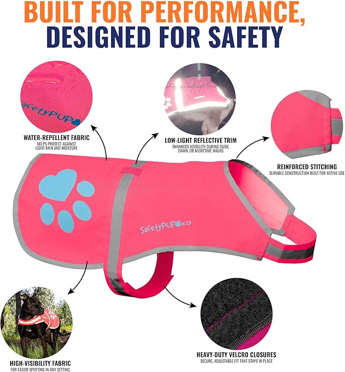 Dog Reflective Vest – Hi-Vis Fluorescent Visibility That Helps to Safeguard Your Pet On/Off Leash in Urban & Rural Areas (Pink, Large)