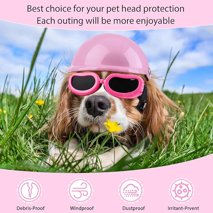 Frienda Dog Helmet and Goggles, UV Protection Doggy Sunglasses and 4 Inch Padded Puppy Motorcycle Helmet Adorable Dog Goggles with Adjustable Belt for Small Dogs Puppy Riding(Pink,S)