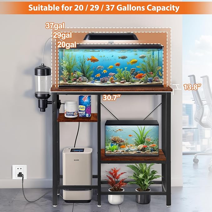 ZENY 20-29-37 Gallon Fish Tank Stand with 3-Tier Adjustable Storage Shelves and Power Outlet, Reptile Tank Stand, 30.7" L*13.7" W Tabletop, 400LBS Capacity