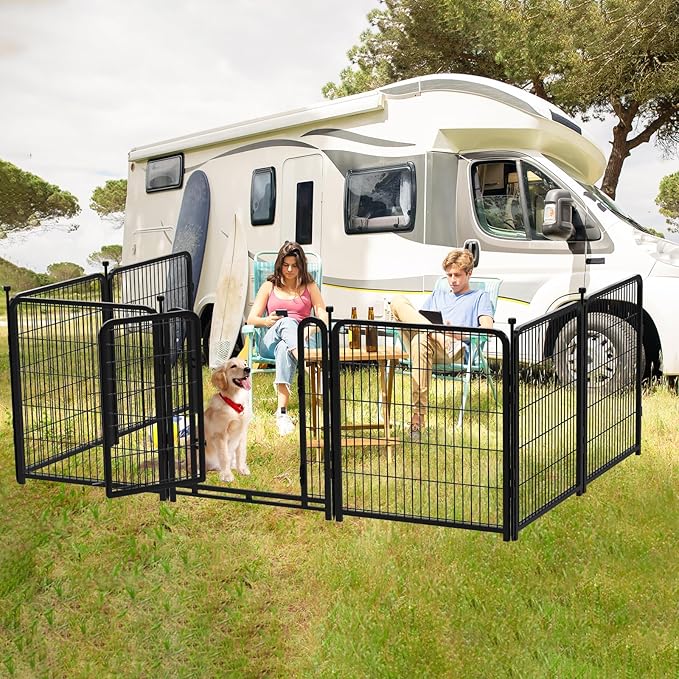 Dog Playpen 48 inch(H) 4 Panels Dog Fence Outdoor for Yard. Metal Dog Pen Heavy Duty Pet Puppy Exercise Pen for Rv Camping Garden Yard, Wide Door Low Threshold Dog Fence Total 8.9 Ft(L)