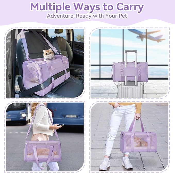 PETSFIT Soft-Sided Cat Carriers & Car Seats with Patent Safe Buckles, Clip-On Harness, 18"x11"x11" Airline Approved Pet Carrier - 9 lbs Capacity (Purple)