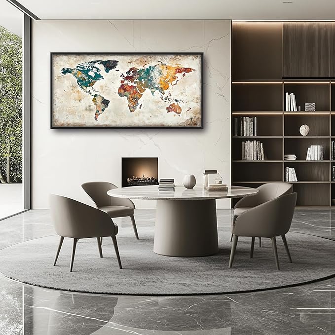 Extra Large Framed World Map Wall Art,Oversized Colorful Vintage Nautical Map Wall Decor Pictures for Living Room,Canvas Print Painting Modern Artwork Office Bedroom Home Decor 60L x30W