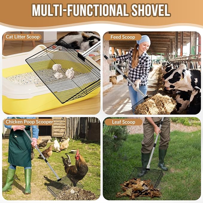 SlowTon 15-inch Large Chicken Poop Scooper - 5 in 1 Multifunctional Chicken Litter Scoop with 40 to 77in Stainless Steel Handle, Heavy Duty Chicken Coop Cleaning Tool Litter Sifting Shovel