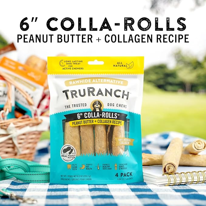Collagen Rolls - 6" Collagen Rolls for Dogs - Long Lasting Healthy Joint Support Dog Treat - Rawhide Alternative - Skin & Coat Health - Made with Real Peanut Butter, 1 Bag, 4 Count