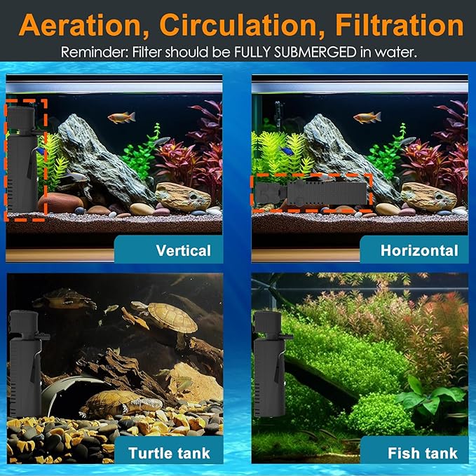 Fish Tank Filter with U - V Light & Timer (3/6/12/24 Hours) for Green Water Cleaning, Aquarium Filter with Aeration Turtle Tank Filter with Pre-Filter Sponge for Tanks 70-100 Gallon