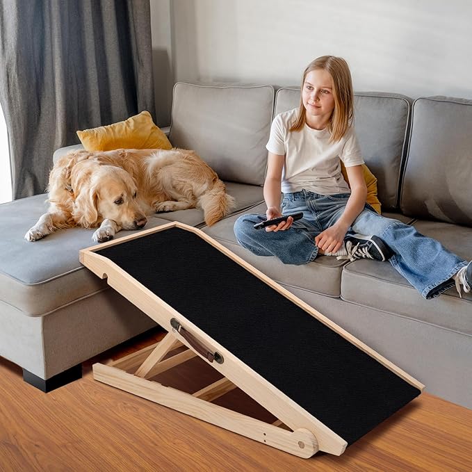Dog Ramp for Bed, Adjustable Pet Ramps for Dog to Get on Bed, Non-Slip Rubber Surface - Folding Wooden Dog Ramp for Small/Large/Old Dogs, Adjustable up to 19.5 inch High Beds