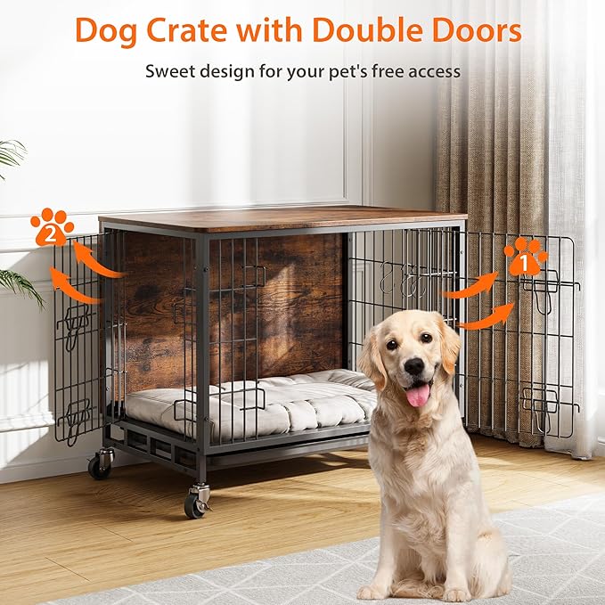 Dog Crate Furniture, 27.2" Small Dog Kennel Wooden Dog Crate with Pull-Out Tray, Double Doors, Modern End Table for Small/Medium Dogs, Grey