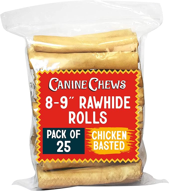 Canine Chews 8-9" Chicken Basted Rawhide Retriever Rolls - Pack of 25 Chicken-Flavored Long-Lasting Dog Rawhide Chews - Protein-Dense Jumbo Rawhide Bones For Large Dogs - Treats for Aggressive Chewers