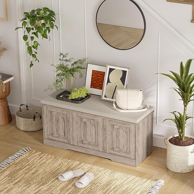 DINZI LVJ Shoe Bench, Entryway Storage Bench with Doors, Cushion, 2-Tier Shoe Rack with 6-Cubby, 39.4”L x 13.8”W Shoe Organizer Cabinet, Adjustable Shelf, Living Room, Bedroom, Greige