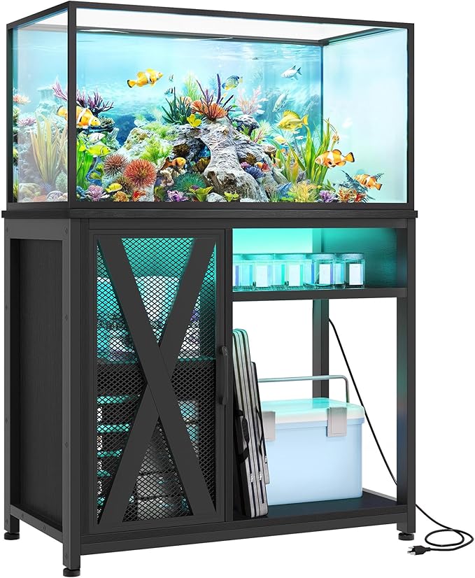 YITAHOME Fish Tank Stand with Power Outlets & LED Light, 40-50 Gallon Metal Aquarium Stand with Cabinet for Fish Tank Accessories Storage for Turtle Tank, Reptile Terrarium, 660LBS Capacity, Black