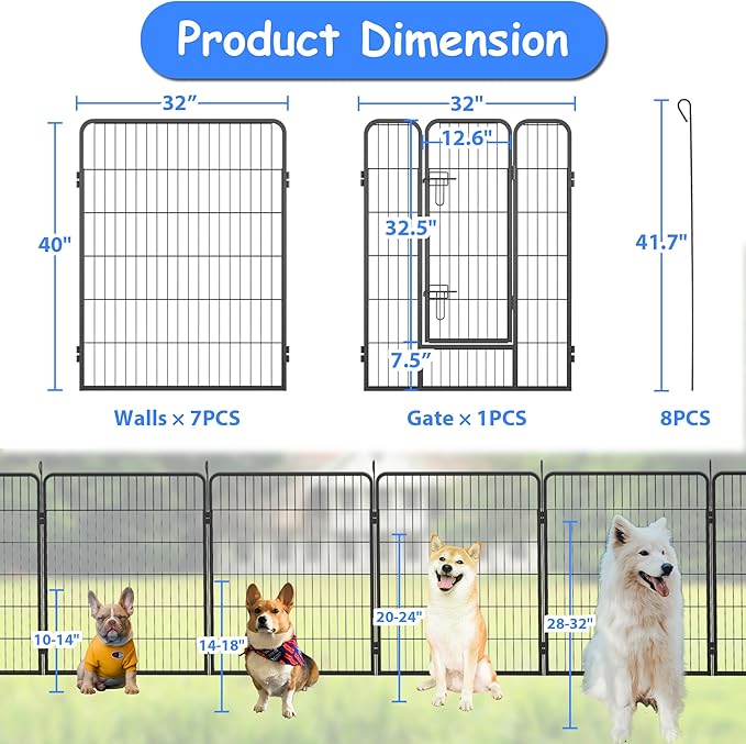 Dog Playpen, Outdoor Dog Fence, 8 Panels, 40" H Dog Pen for Medium/Small Dogs, Heavy Duty Metal Pet Fence with Gate, Portable Dog Fence for RV Camping and Yard (Black)