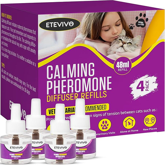 Cat Calming Pheromone Diffuser 4 Pack Cat Calming Diffuser Refills Anxiety Relief Comfort for Cats Reduce Fighting Spraying and Scratching 120 Days Long Lasting Serenity