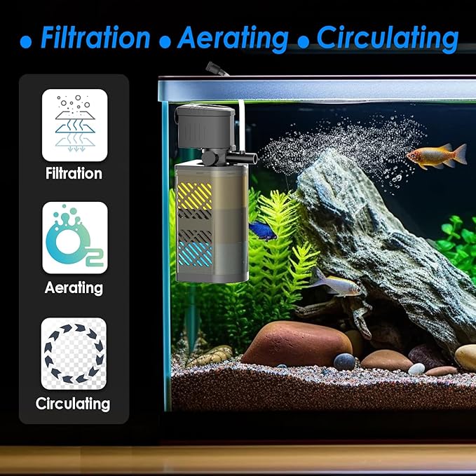 Submersible Aquarium Filter 3-Stage Fish Filter for Fish Tank, Turtle Filter Fish Tank Filter with Aeration & Dual Water Outlet, Turtle Tank Filter Pump for 70-100 GAL Aquariums