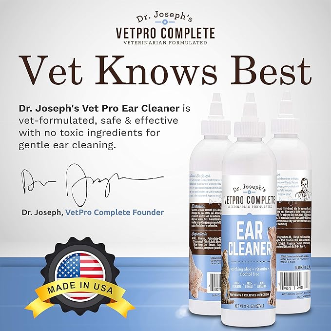 VetPro Complete Dr. Joseph's Dog Ear Cleaner, 8 Ounces, Gentle Dog and Cat Ear Rinse Solution Wash with Aloe Vera and Vitamin E, Dog Ear Drops to Remove Wax and Debris, Reduces Odor, Easy Applicator