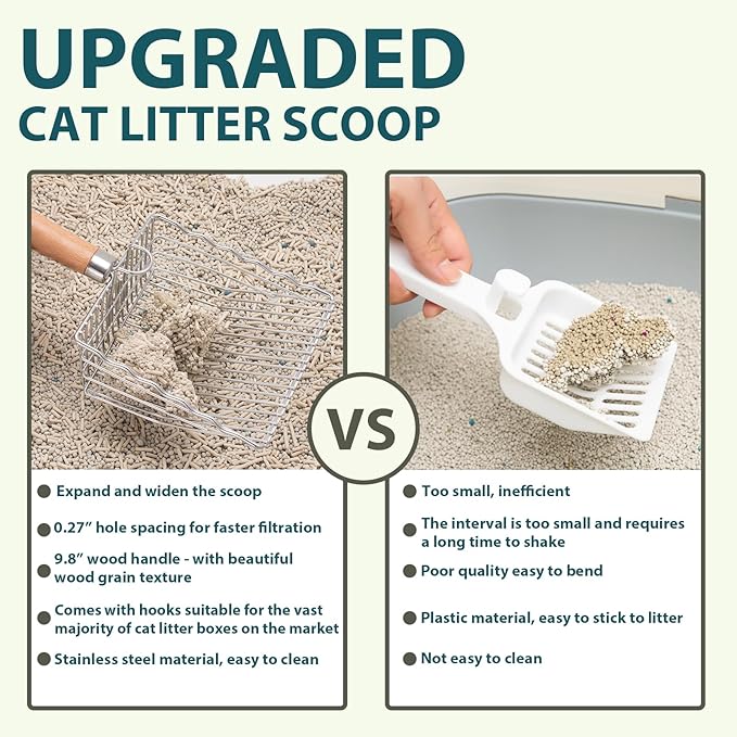 Cat Litter Scoop, Kitty Metal Scooper with Hook and Long Hole, Stainless Steel Kitten Poop Lifter for Litter Box, Non Stick, Durable and Heavy Duty Sifter for Easy Clean