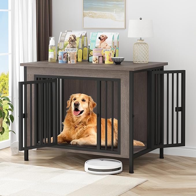 EasyCom 39.96" XL Wooden Large Dog Crate Furniture for Medium and Large Breed, Chew-Resistant Dog Kennel Furniture Indoor with 2 Doors and 3.94" Raised Feet, as TV Stand, End Table, Crate Table