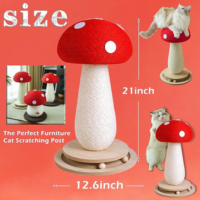 Cat Scratching Post Mushroom Cat Tree with Natural Sisal, Weighted Base & Interactive Ball - for Kittens to Adult Cats - Perfect for Indoor Cats (Red, Large 21 in, 7)