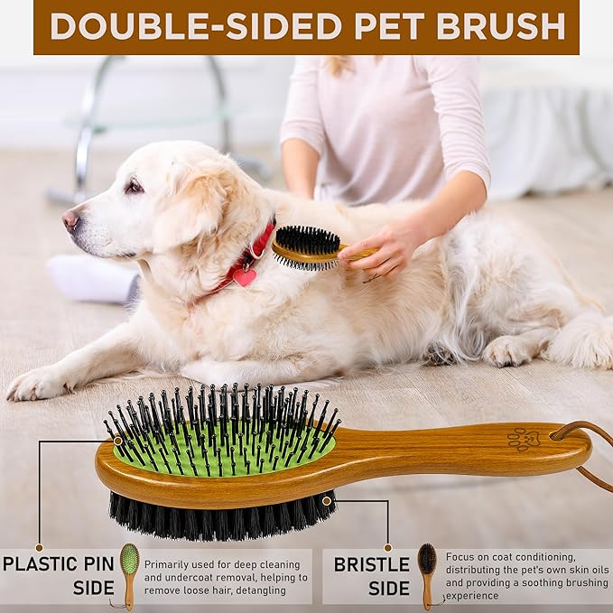 TAKAVU Pin & Bristle Pet Brush for Dogs & Cats - Double Sided Grooming Tool Detangles, Removes Loose Hair & Conditions Coat - Wood Handle