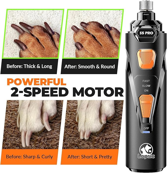 Dog Nail Grinder with 2 LED Lights Powerful 2 Speeds Super Quiet Dog Nail Trimmers with 3 Grinding Wheels Rechargeable Pet Dog Nail Clippers for Large Medium Puppy Dogs Dog Nail File Cat Nail Clipper