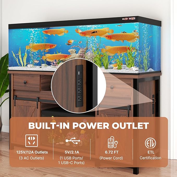 Miereirl 75-120 Gallon Fish Tank Stand with Power Outlet – Heavy Duty Aquarium Stand, Rustic Farmhouse Style, 1000 lb Capacity, Adjustable Storage & Sliding Barn Doors, Light Brown