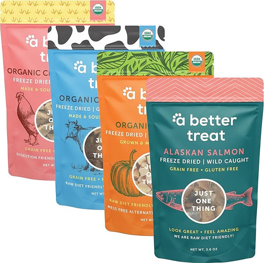 A Better Treat – Freeze Dried Organic Pumpkin, Wild Caught Salmon, Organic Grass Fed & Finished Pasture Raised Beef, Organic Chicken Dog and Cat Treats | Healthy, Diabetic Friendly | Made in The USA