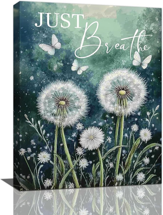 Dandelion Pictures Wall Art, Farmhouse Floral Bathroom Wall Decor, Rustic Inspirational Framed Painting Butterfly White Flower Canvas Artwork for Bathroom Bedroom Living Room Decorations 24"L x 16"W