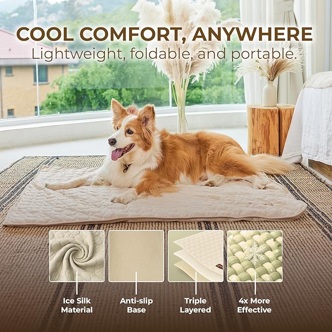 Dog Cooling Mat- Ice Silk Summer Comfort, Self Cooling, Non-Slip Dog Pad, Durable & Washable, Mat for Medium Dogs 50x65 cm, Support Shelter Dogs with Every Purchase (Beige)
