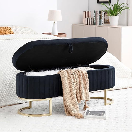 50" Sherpa Storage Ottoman Bench – Velvet Upholstered Bedroom Bench with Golden Metal Legs, Lift-Top Hidden Storage, Modern Footrest for Living Room, Entryway, Bed End (Black)
