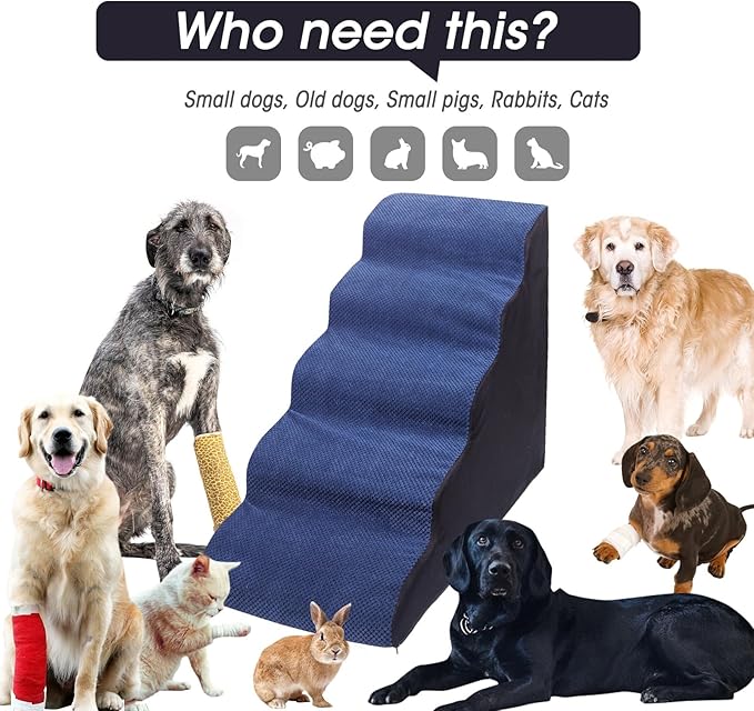 Dog Stairs&Steps for High Beds Up to 28'', 5-Step Dog Ramp for Small Medium Dogs with Washable Cover, Pet Steps for Cats to Get on Couch and Sofa, Durable Foam Ladders, 24.4" Tall, Blue