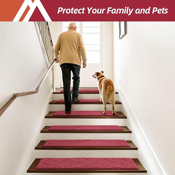 COSY HOMEER Edging Stair Treads Non-Slip Carpet Mat 28inX9in Indoor Stair Runners for Wooden Steps, Edging Stair Rugs for Kids and Dogs, 100% Polyester TPE Backing (7pc, Red, 7)