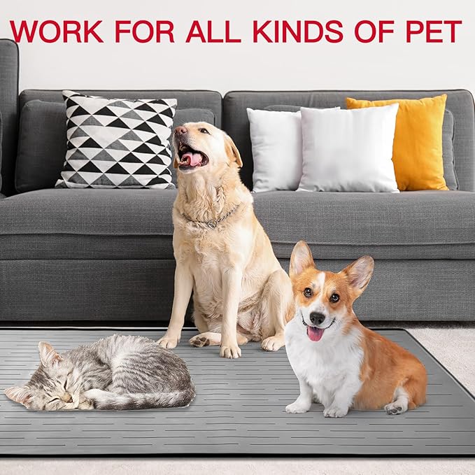 39.4"x29.5" Largest Pet Food Mat, Silicone Dog Mats for Food and Water, Nonslip Pet Feeding Mats for Floors,Dog Cat Bowl Mat with Raised Edges, Gray Green