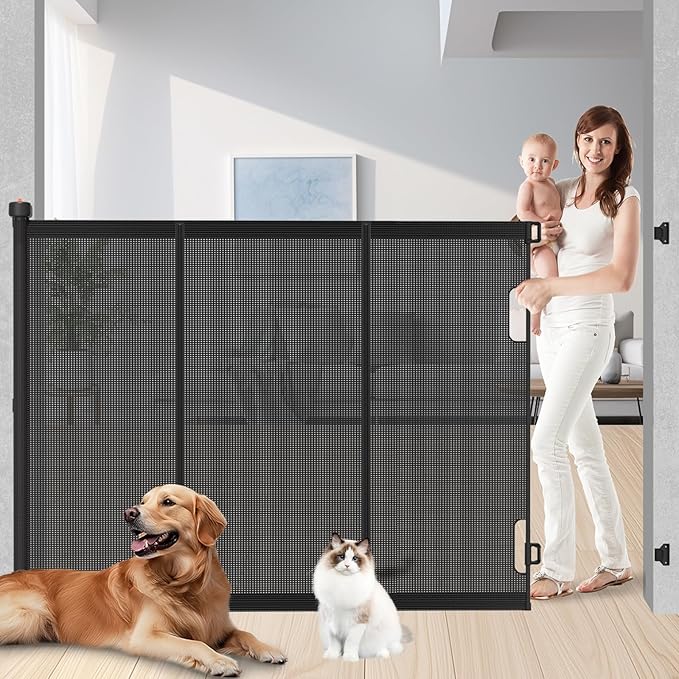 Extra Tall Retractable Baby Gates: 51" Tall Pet Gate, Extend up to 120" Wide, Mesh Baby Gate with Support Rods Jump-Proof Design for Cats & Large Dogs High Dog Cat Door Indoor Outdoor, Black