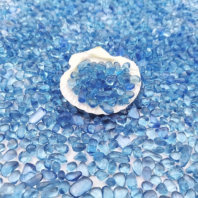 Keedolla Aquarium Sea Glass Stones, 0.93LB Clear Glass Pebbles Marble Aquarium Fish Tank Rocks Gravel for Turtle Tank, Vase Fillers, Christmas Decoration - Light Blue