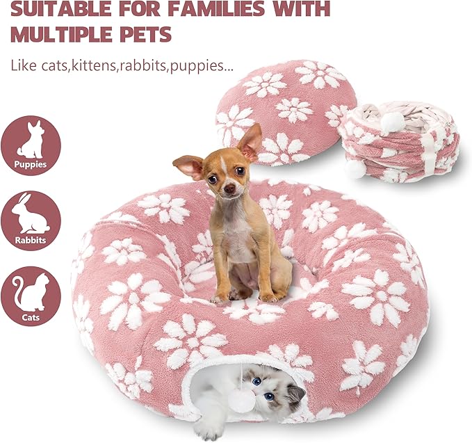 Cat Tunnel for Indoor Cats, Cute Peekaboo Cat Cave with Dangling Balls, Pet Donut Tunnel Bed with Circle Mat for Puppy Kitten Rabbit, Pink