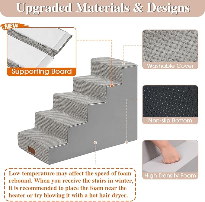 GGIB Dog Stairs for Small Dogs Cats Non-Slip Dog Steps for High Bed Pet Stairs for Sofa Couch Pet Ramp Pet Steps with Removable Washable Cover, Light Grey, 22" H, 5-Step