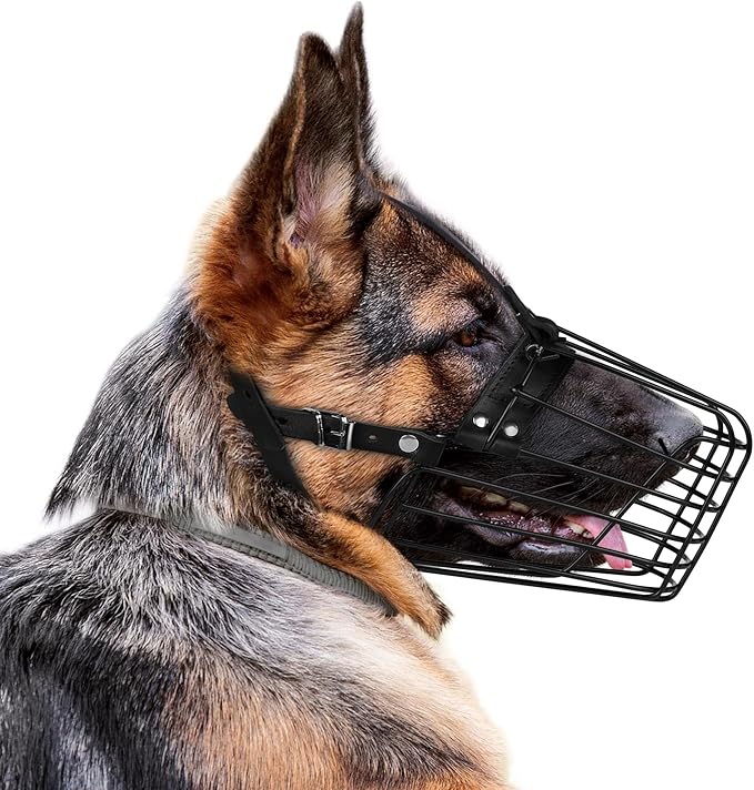 German Shepherd Dog Muzzle Metal Basket for Medium Large Dogs Adjustable Durable Leather Straps Secure Wire Mask for Biting Chewing Barking (Black, M - Size)