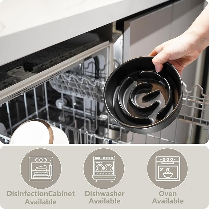 Ceramic Slow Feeder and Water Bowl Set for Small Dogs, Ceramic Dog Bowls Elevated with Wooden Stand, 0.6 Cups Dog Slow Feeder(14oz) and 30oz Water Bowl Set, Black