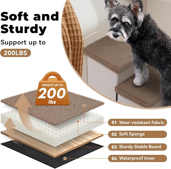 Dog Stairs with Furry Lids 18" H, 3-Step Wider Dog Steps with Storage for Small/Medium/Large Old Dogs Cats, Folding Sturdy Pet Stairs Climbing Bed Couch, Ramp for Car Up to 200 lbs, Khaki