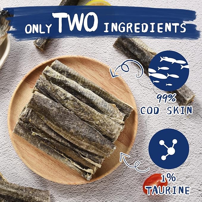 Dog Treats, Cod Skins Dog Treat with Taurine, One-Ingredient Grain-Free Chew Fish Skin Rolls Rich in Omega3, 8 oz