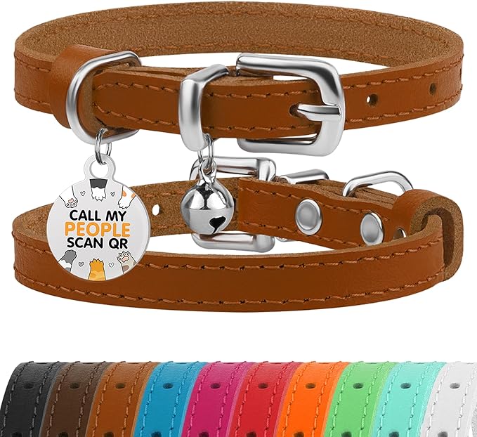 BRONZEDOG Leather Cat Collar with Removable Bells Non Breakaway Kitten QR Tag for Girl Boy (7" - 9" for Cats, Light Brown & Silver)