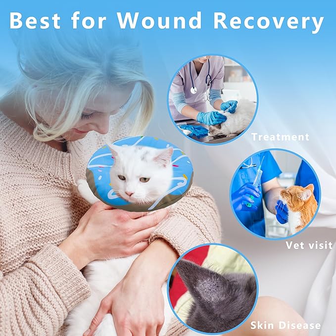 Cat Cone Collar Soft, Adjustable Cat Recovery Collar Kitten Cones to Stop Licking, Cute Donut E Collar After Surgery, Cats Neck Pillow Elizabethan Cones of Shame (Waterproof Blue, Medium)