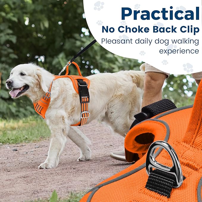 Funfox Dog Harness No Pull, Adjustable Pet Vest Harness, Super Soft Material with Vertical Handle Easy Control, Reflective Night Walking, 2 Leash Clips for XLarge Dogs, Orange, XL