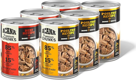 ACANA Premium Chunks in Bone Broth Grain-Free Wet Dog Food Variety Pack: Beef + Poultry Recipes 12.8oz Cans (6 Count, 3 of Each)