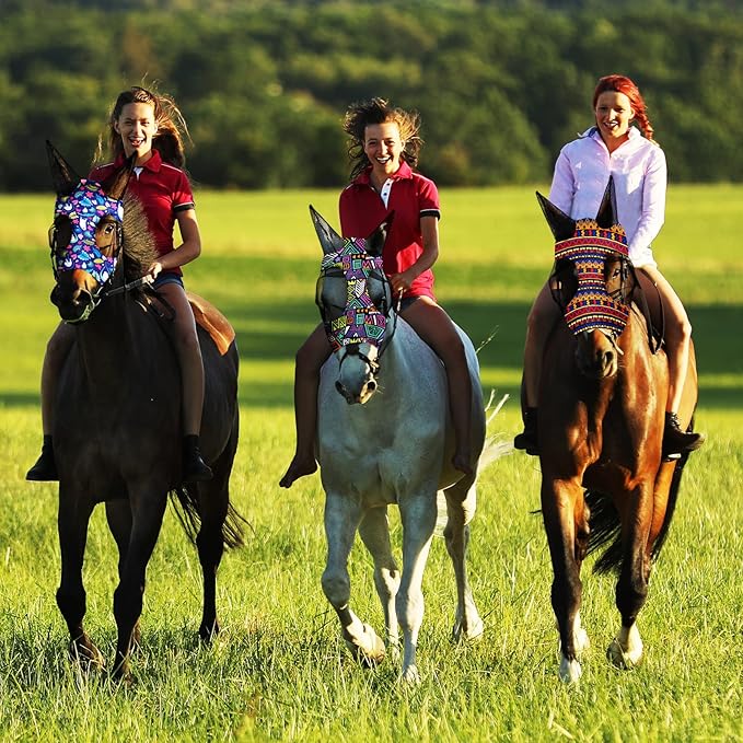 Chunful 6 Pcs Horse Fly Masks with Ears Smooth and Comfortable Cashel Mesh Fly Mask Elasticity Breathability UV Protection Horse Face Covering for Riding Supplies(Geometric,Medium)