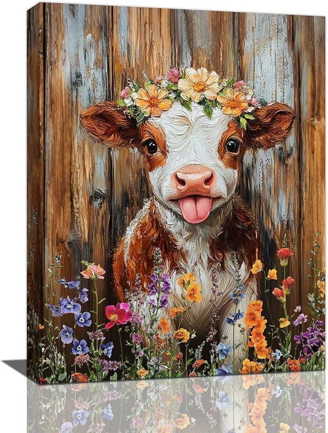 Funny Cow Bathroom Pictures Wall Art, Rustic Brown Cute Cow Bathroom Wall Decor, Farmhouse Floral Framed Painting Animal Flower Canvas Artwork for Bedroom Living Room Decorations 16"L x 12"W