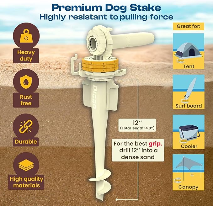 Diggo Dog Stake Beach Anchor - Dog Beach Essentials for All Dog Sizes - Unique 360° Head Rotating Combination Beach Lock System, Heavy Duty Tie Out Stake, Umbrella Sand Anchor, Designed for The Beach