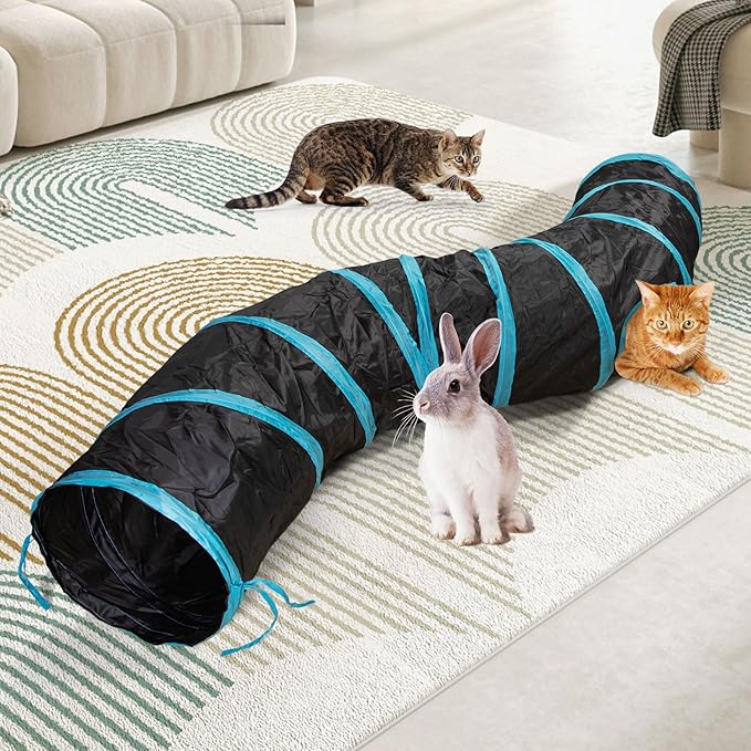 Cat Tunnel, S-2-Way Cat Tunnels for Indoor Cats, Interactive Toy Maze Cat House, Foldable Cat Tubes and Tunnels for Cats Kittens, Puppies, Kitty, Kitten, Rabbit, Guinea Pigs (Blue & Black)