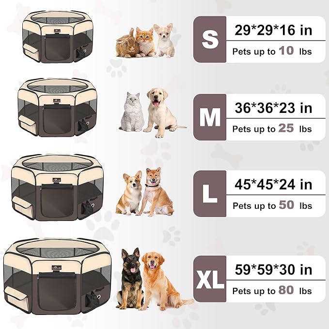 Aivituvin Dog Playpen, Foldable Pet Play Pens with Carrying Bag for Cat, Puppies, Rabbits, Portable Dog Tent Crates Cage for Travel Camping Indoor Outdoor, Removable Shade Cover, Brown L