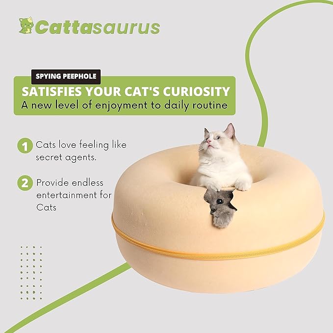 Cattasaurus Peekaboo Cat Cave for Multiple & Large Cats Up to 30-45 Lbs, Scratch Detachable & Washable Tunnel Bed, Comfy Donut Cat Cave (Pastel Macaron, Large)