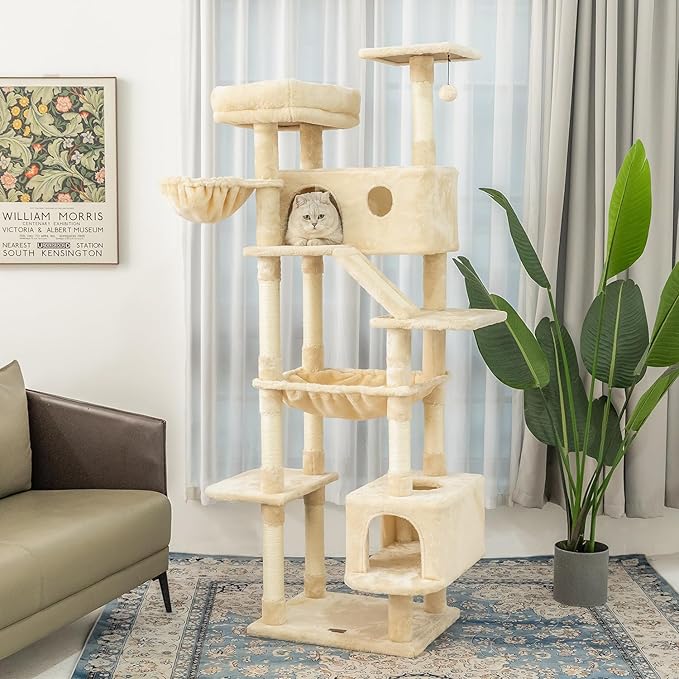 73 inches Large Cat Tree for Indoor Cats, Tall Cat Tower with Sisal Scratching Posts and Pads, Padded Plush Perch, Cozy Basket, Plush Condo for Large Cats (Beige)